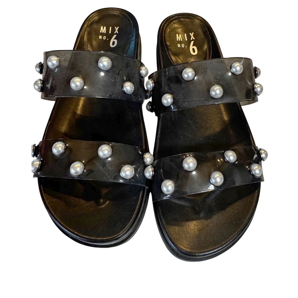 Mix No. 6 Black Pearl Studded Clear Double Strap Slide Sandals Size 9